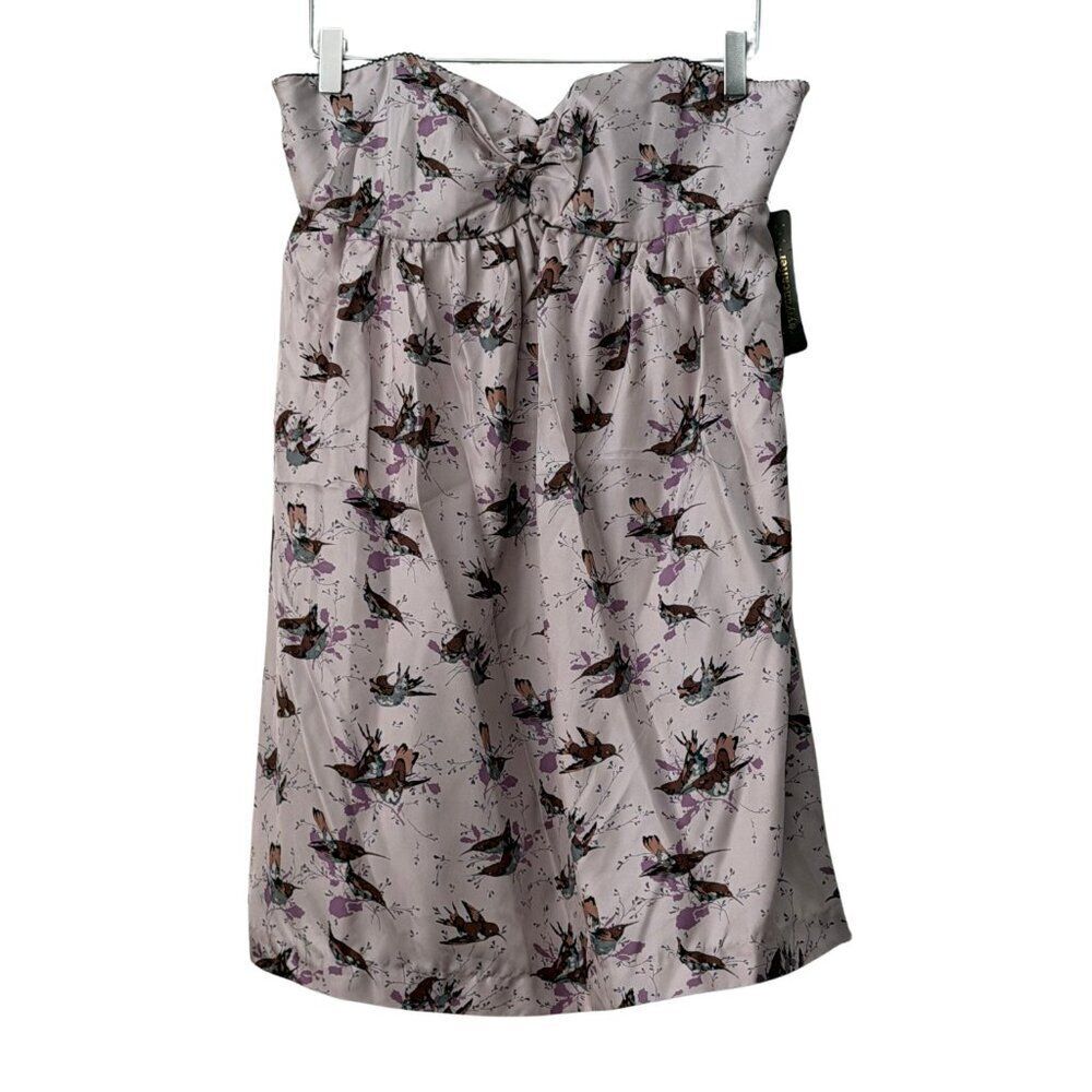 NWT Corey Lynn Calter Anthropologie 100% Silk Bird Print Strapless Mini Dress
